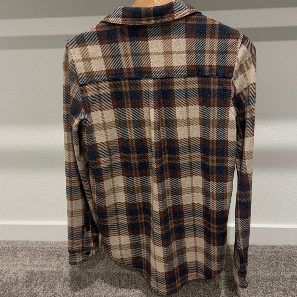 Quince Stretch Sweater Fleece Shirt in Mocha Check, Size Small - Picture 6 of 8
